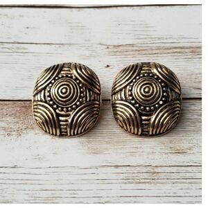 Vintage Clip On Earrings - Gold Tone Patterned Stunning Statement